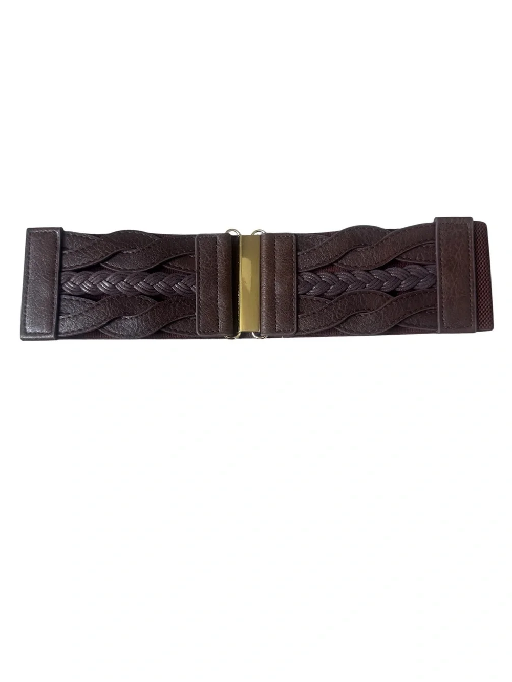 Brown Braided Stretch Waist Belt Gold Tone Buckle Wide 3